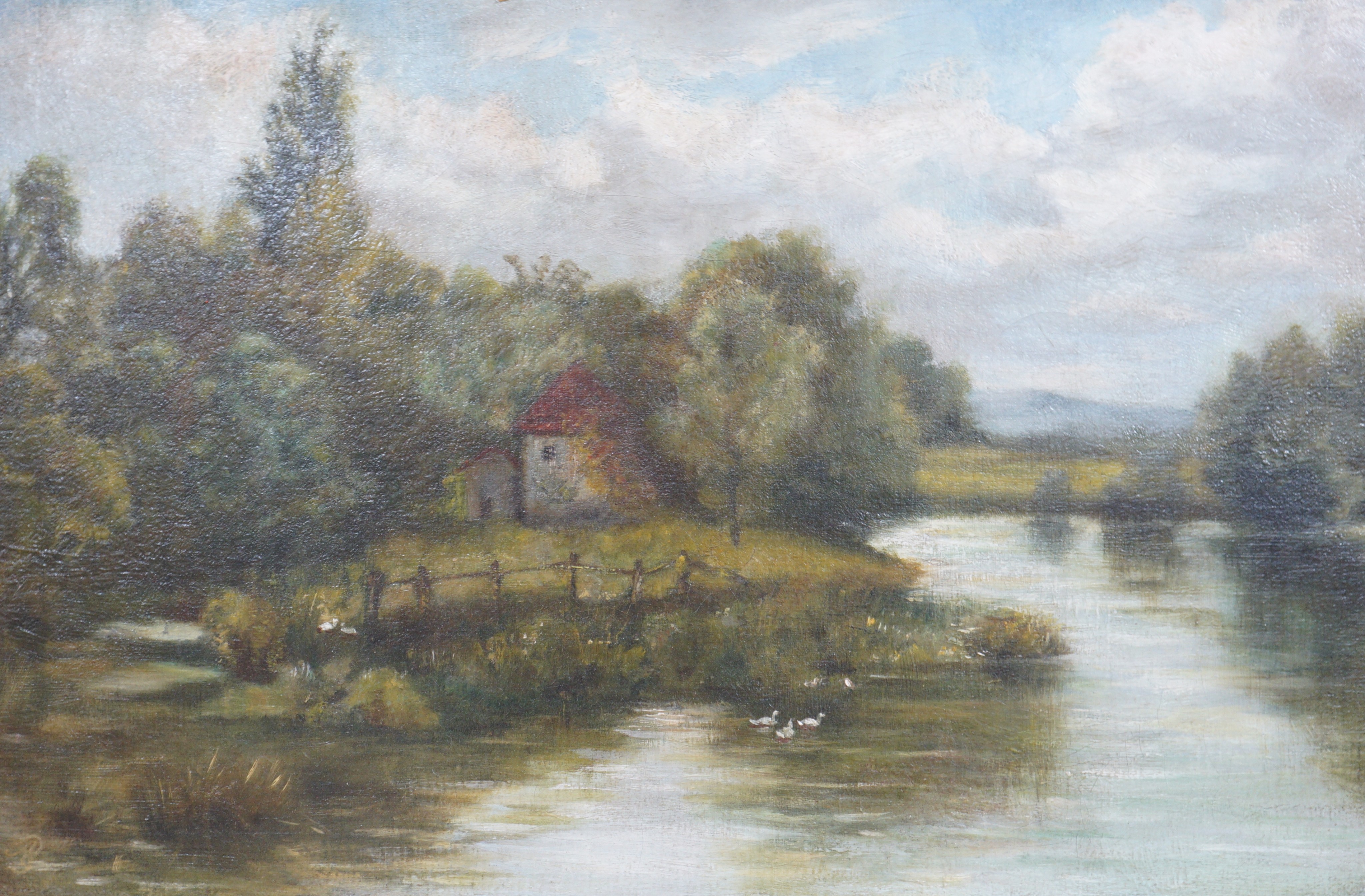 John Cuthbert Salmon (1844-1917), pair of oils on canvas, Figures in woodland and Sheep in pasture, signed, 29 x 24cm and a riverscape by another hand, 30 x 44cm